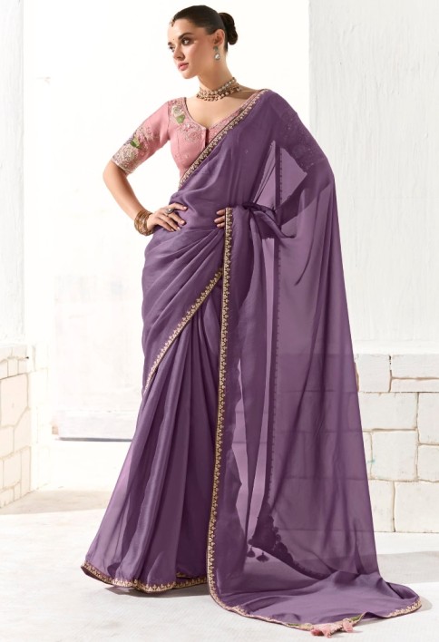 WONDERFUL PURPLE BORDER WORK TISSUE SILK EVENT WEAR SAREE
